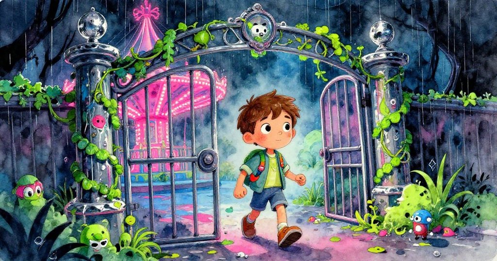 愛麗克斯手持工具包從破舊遊樂園大門走出, 面帶堅定與好奇, 環境中充滿霓虹粉藍與酸綠色光芒, 呈現神秘轉變的起點。