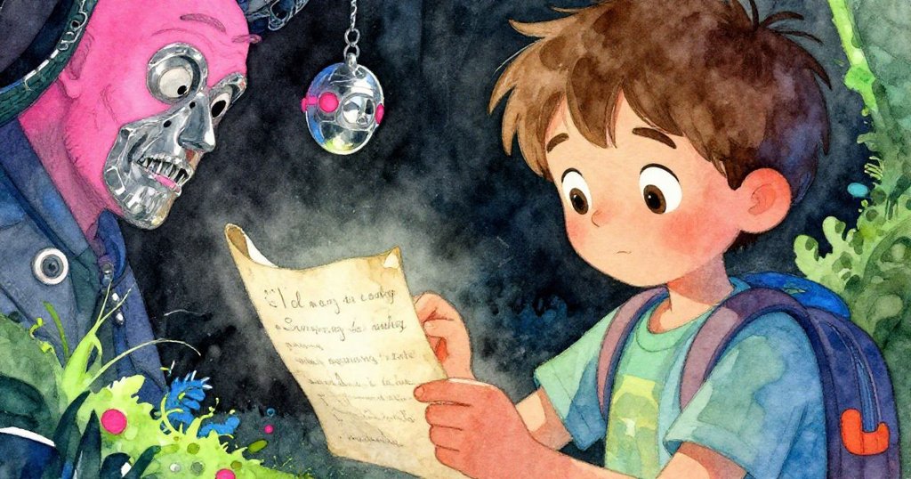 愛麗克斯仔細閱讀爺爺的舊信, 手指輕觸泛黃字跡, 微妙霓虹光影映襯雨中細膩情感, 充滿探索過去的期待。