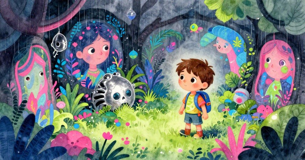 愛麗克斯從高處俯瞰神秘花園, 發現大自然繪製的壁畫, 雨中充滿魔幻意境, 臉上展現驚喜與堅定, 融合霓虹色調。