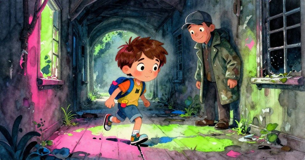 愛麗克斯在陰暗走廊輕步前行, 神情緊張與期待, 與好心人擦肩而過, 霓虹光影映襯著破舊環境與步步驚心情節。