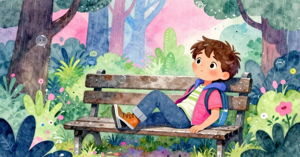 愛麗克斯在秘密花園中靜坐休息, 雨滴輕拂臉龐, 神情平靜滿足, 四周自然壁畫與霓虹光影交織, 象徵轉變與新生。