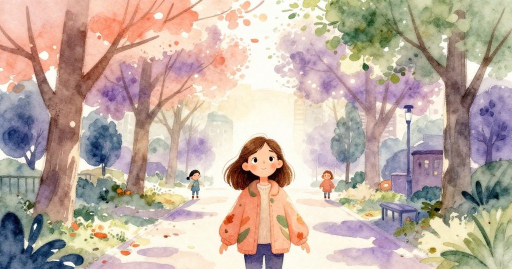 Amelia走入公園，秋晨微光照耀下樹木參天，展現出都市中難得的寧靜，臉上流露期待與平和