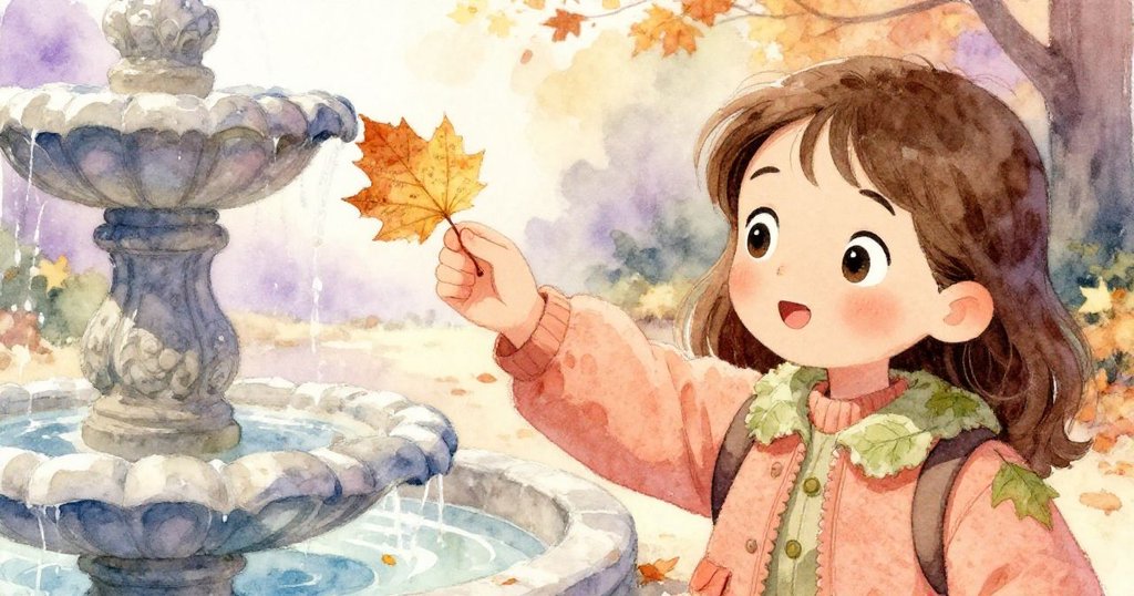 Amelia伸手拾起石泉旁刻有詩句的枯葉，細節精緻，背景柔化展示出自然與詩意的交融