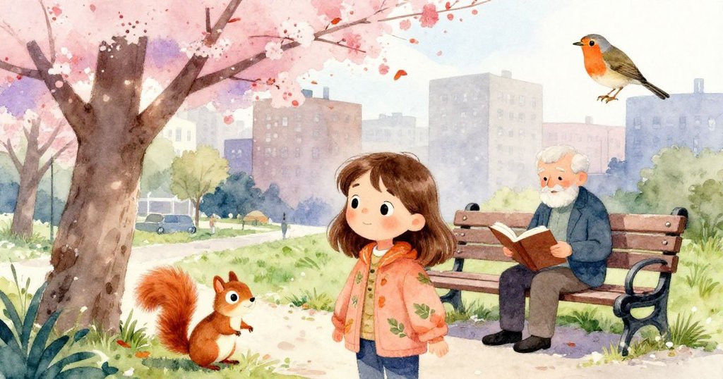 Amelia悠然漫步，小徑上松鼠嬉戲，旁邊老先生安坐讀書，櫻花樹下麻雀掠過，畫面層次豐富