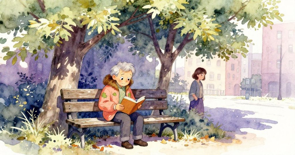 老先生於隱秘樹蔭下長椅上閱讀，Amelia靜靜旁立沉思，營造出隱蔽又安詳的公園角落