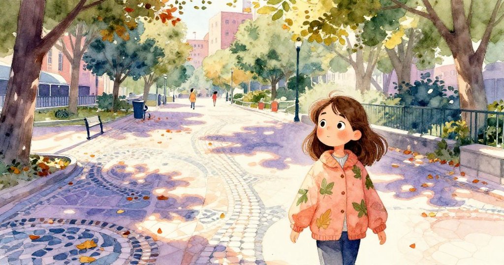 Amelia行走於充滿馬賽克小徑的廣闊公園，秋葉隨風飄舞，展現自然與人造美景交織的驚喜與和諧