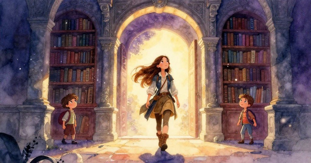 Elena正沿著被晨光染上的老圖書館前走,金光與深紫交織在空中,塵埃飛舞,呈現初始的冒險與期待。