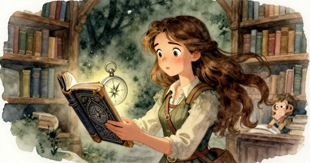 Elena在寧靜圖書館中溫柔觸碰一本古舊典籍,裡面隱藏著一枚閃爍著微光的指南針,展現探索未知的好奇心。