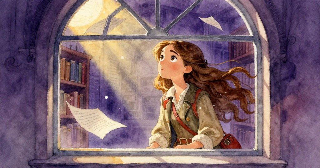 Elena透過圖書館的大拱窗凝視,金光與深紫陰影交錯,窗外飛舞的塵埃與翻動的書頁傳達圖書館的神秘秘密。