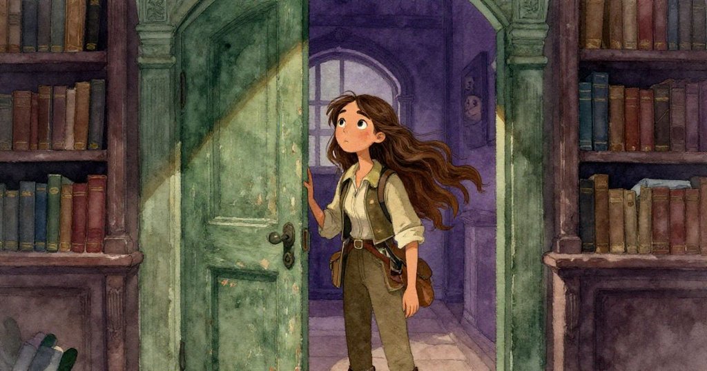 Elena站在書架間的古舊門前,猶豫中握緊古籍,環境陰影交織,象徵著從熟悉到未知命運的轉折時刻。