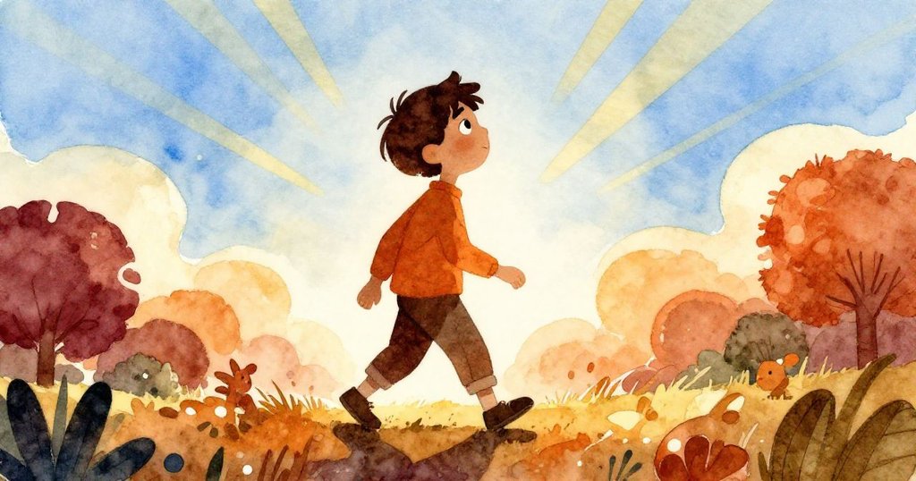 Sam的剪影在明亮藍天下邁步踏上冒險之旅，陽光灑落展現勇氣與希望的開始。