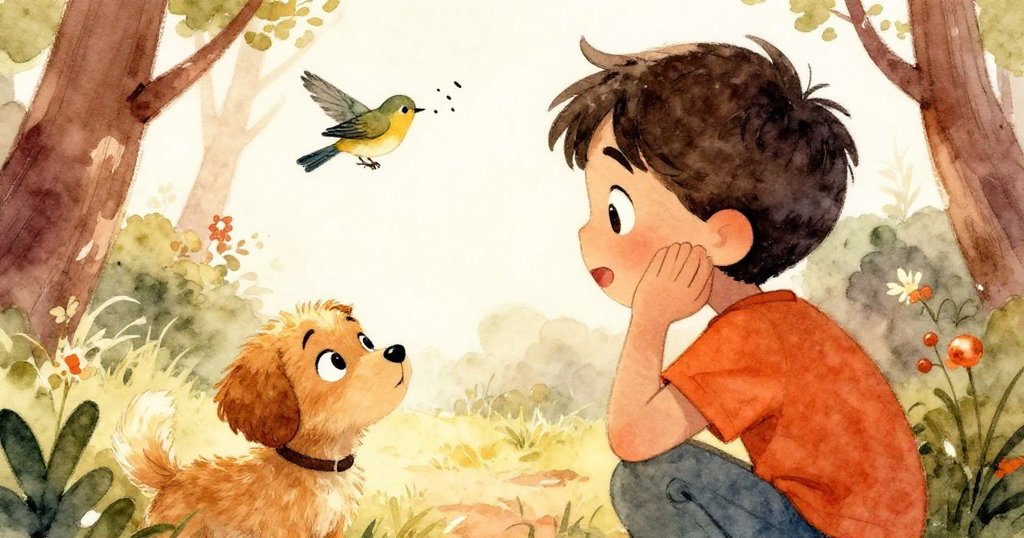 Sam從背後望向前方，聽著鳥鳴並發現迷路小狗快樂吠叫，充滿好奇與驚喜。