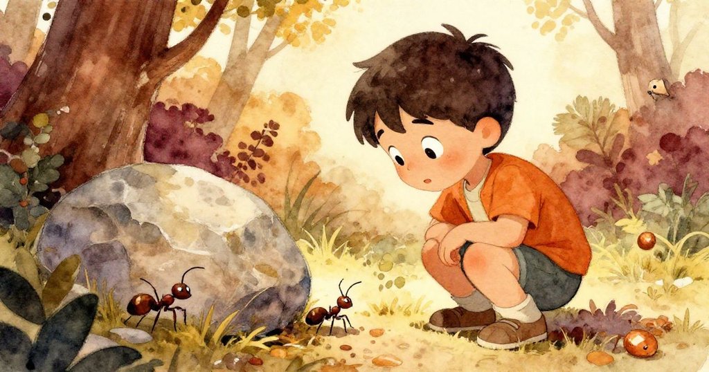 Sam蹲下仔細觀察石旁慢爬的螞蟻，展現對大自然細微之美的無限好奇。