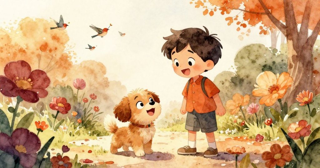 在盛開的花徑上，Sam與小狗相視而笑，共享歡樂時刻，鳥鳴與明亮陽光增添慶祝氣氛。