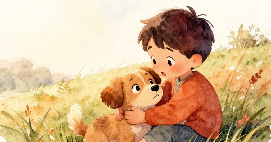 在翠綠坡地上，Sam溫柔擁抱小狗，寧靜陽光與柔和微風伴隨著一天冒險的完美落幕。