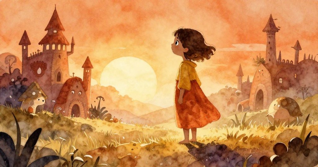 Luna 踏入微型王國，背後晨光燦爛，充滿好奇與期待，剪影呈現奇幻自然風景，故事開始展開。