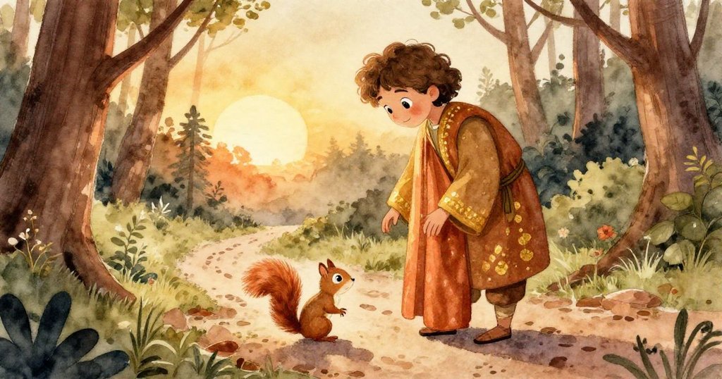 Luna 與Eli在森林小徑上互動，Eli溫柔撫摸小松鼠，夕陽暖光中有清晰腳印，展現善良與期待。