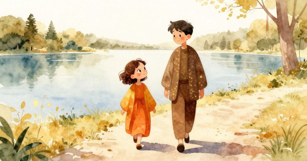 Luna與Eli沿著明亮小徑前行，遠處平靜湖泊在陽光中閃爍，充滿希望與生機，場景寬廣而溫暖。