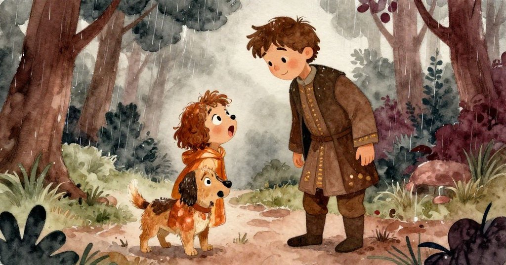 Luna與Eli在細雨中互動，Eli蹲下引導一隻迷路小狗，烏雲低壓與雨中展現驚喜與溫情，情節達到高潮。