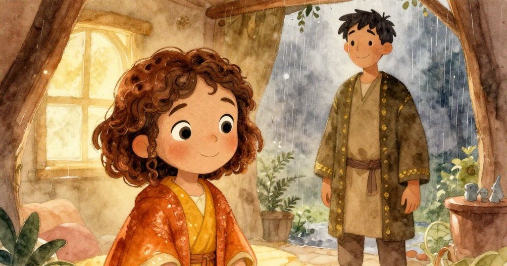 在安全庇護所內，Luna安心微笑，Eli守護在旁，室內溫馨燈光與窗外雨後晴空交織，故事完滿結束。