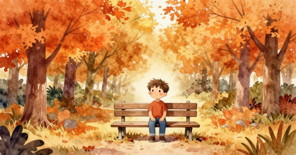 湯姆在落葉紛飛的公園中坐於木椅上，陽光灑落臉龐，神情安然，充滿期待與寧靜感。