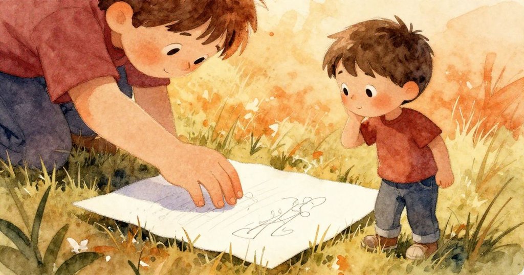 湯姆伸手撿起草地上的紙條，上面書寫著充滿希望的字句，背景秋葉飄落，散發溫暖好奇之感。