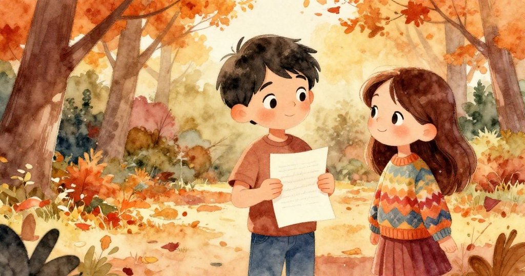 從艾咪背後觀望，湯姆展示紙條與她分享秘密，兩人面帶微笑，溫暖秋光映襯下充滿期待與驚喜。