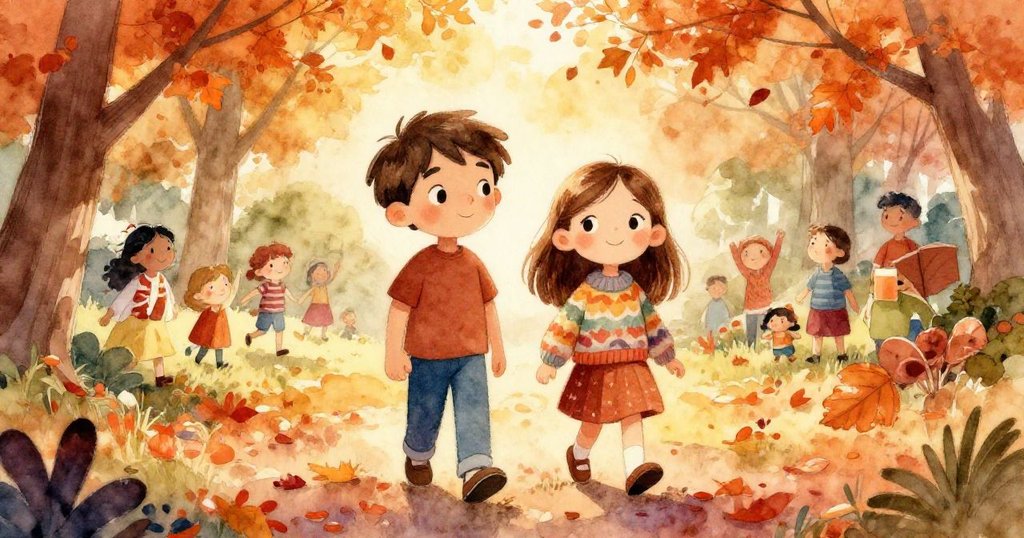 湯姆與艾咪在秋風吹拂下漫步於熱鬧公園，落葉飛舞中與友善社群交流，臉上洋溢著暖心笑容。