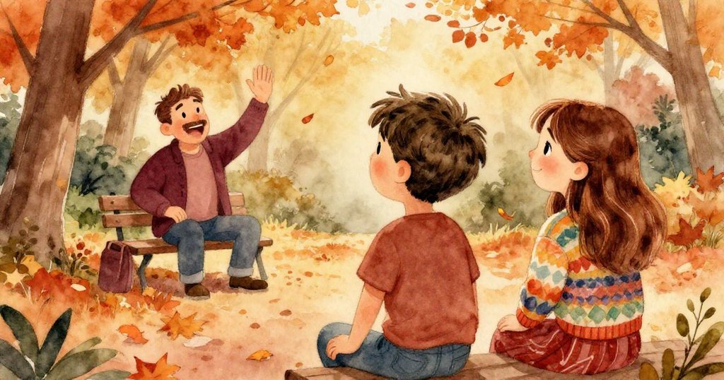 湯姆與艾咪驚喜凝視螢幕，遠處著名演員招手致意，鏡頭捕捉秋日陽光與活力四射的情感。