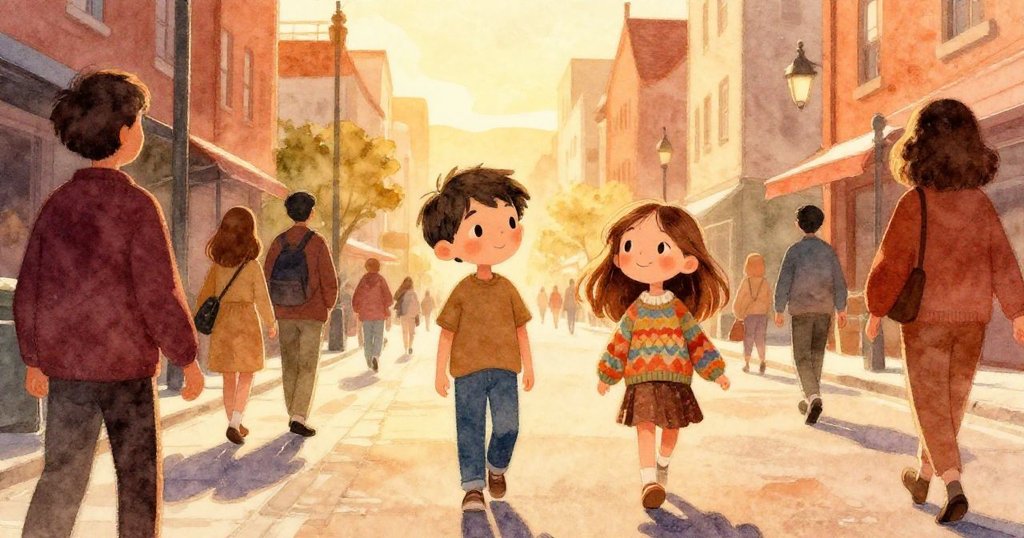 在金色夕陽映照的城市街頭，湯姆與艾咪與人潮同行，臉上滿載希望與微笑，溫暖氛圍充滿整個夜晚。