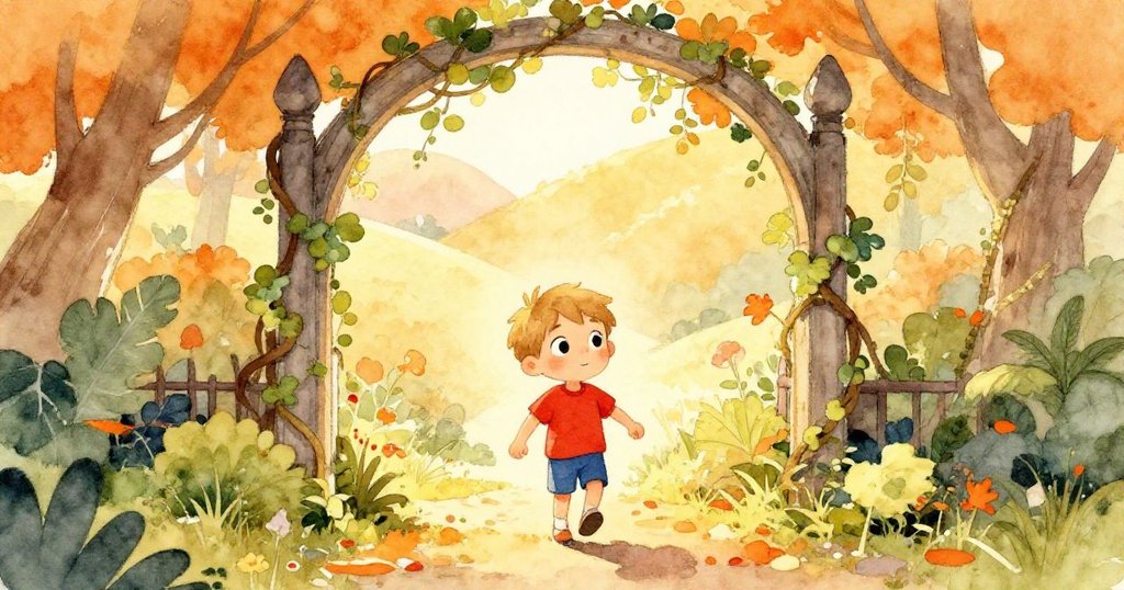 Tom穿過充滿藤蔓的公園拱門，背景展現緩坡與綠樹，臉上滿是期待與勇氣，展現冒險開始。