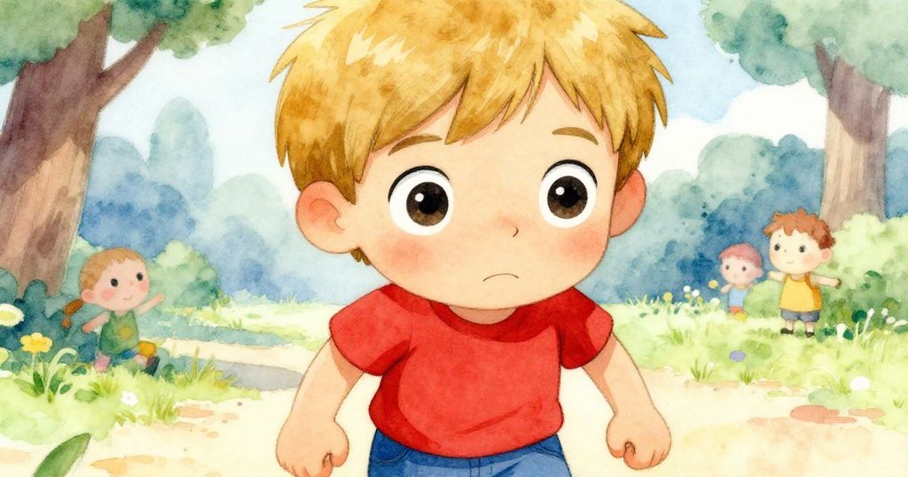 Tom的眼睛充滿決心與期待，特寫呈現勇敢面容，背景隱約透露公園中陡峭的山坡，情感豐富。