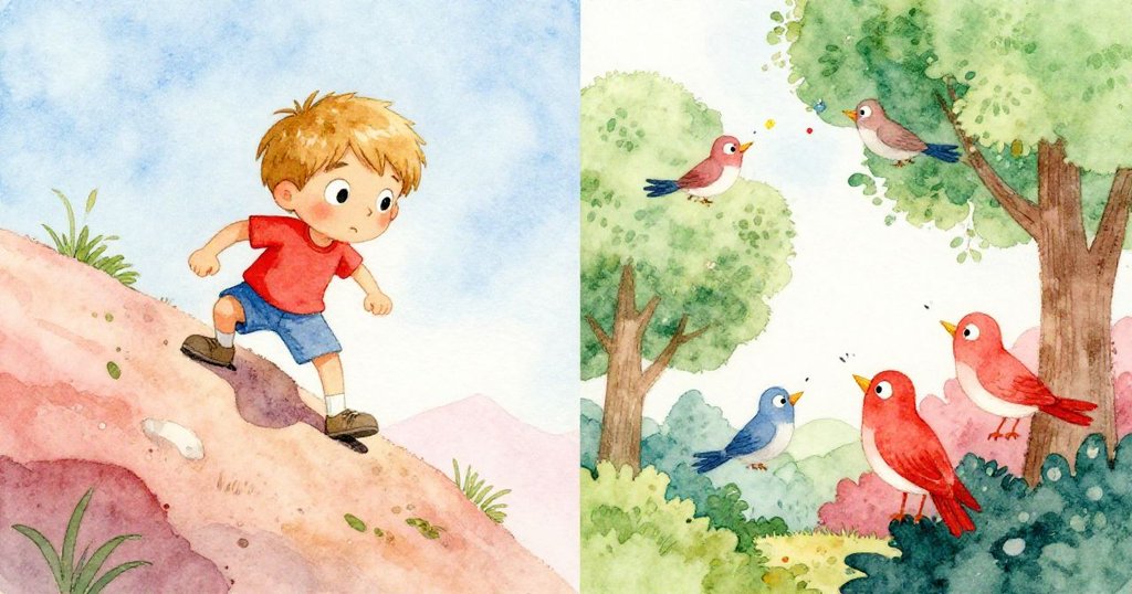 Tom用力攀登陡峭山坡，旁邊綠樹中鳥兒歡唱，分割畫面展現人與自然的活力與共鳴，充滿生機。