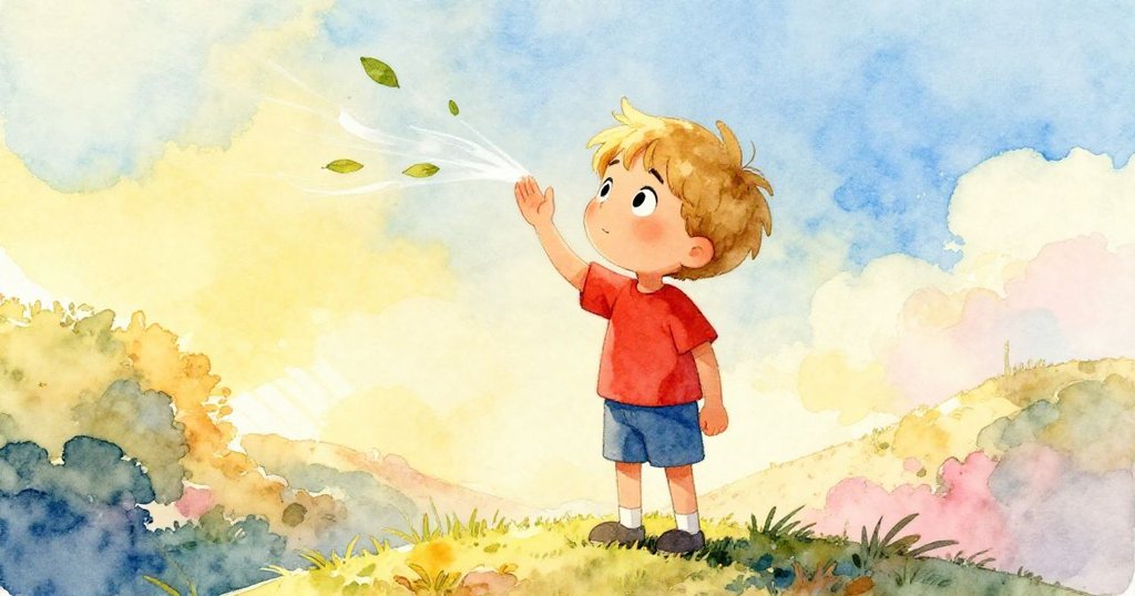 Tom站在山坡上感受微風吹拂，樹葉隨風起舞，陽光透過雲層灑落，展現自然間溫柔與生機。