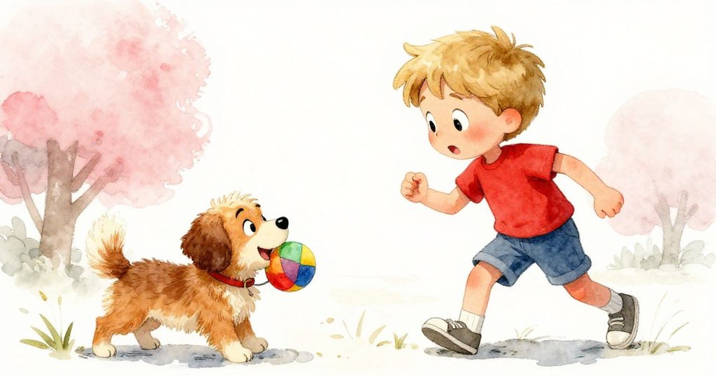 Tom迎向一隻快樂小狗奔來，狗嘴裡叼著鮮豔球體，面露驚喜與溫柔，場景充滿陽光與活力。