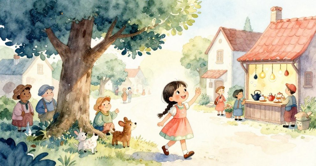 安娜在陽光普照的村莊街道上散步，欣賞高大的橡樹與閃爍茶壺展示，村民與動物熱鬧互動，充滿歡樂與生氣。