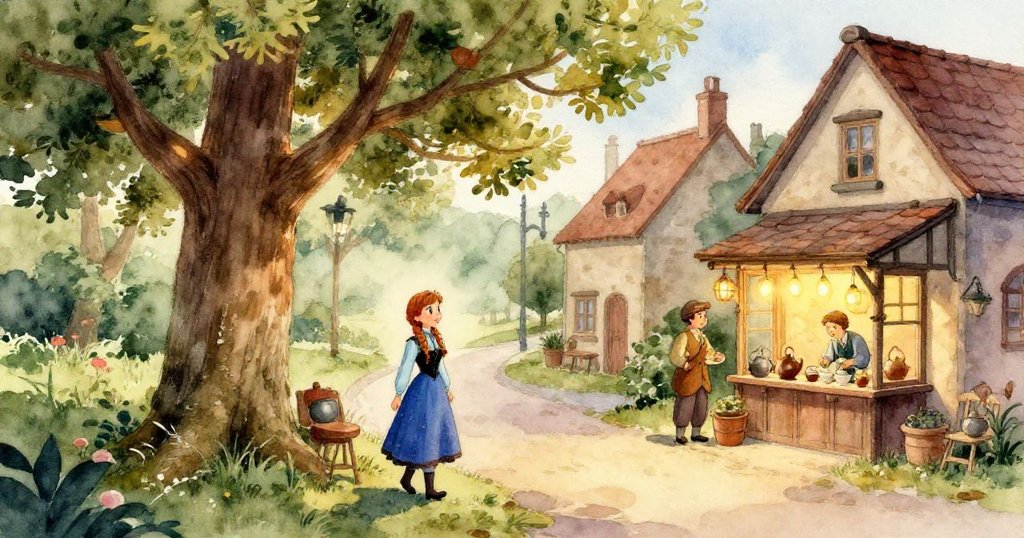 安娜的鞋子踏在古老磚路上，陽光灑落其上，細膩磚塊與鞋子清晰展現，表現出堅定而期待的步伐。