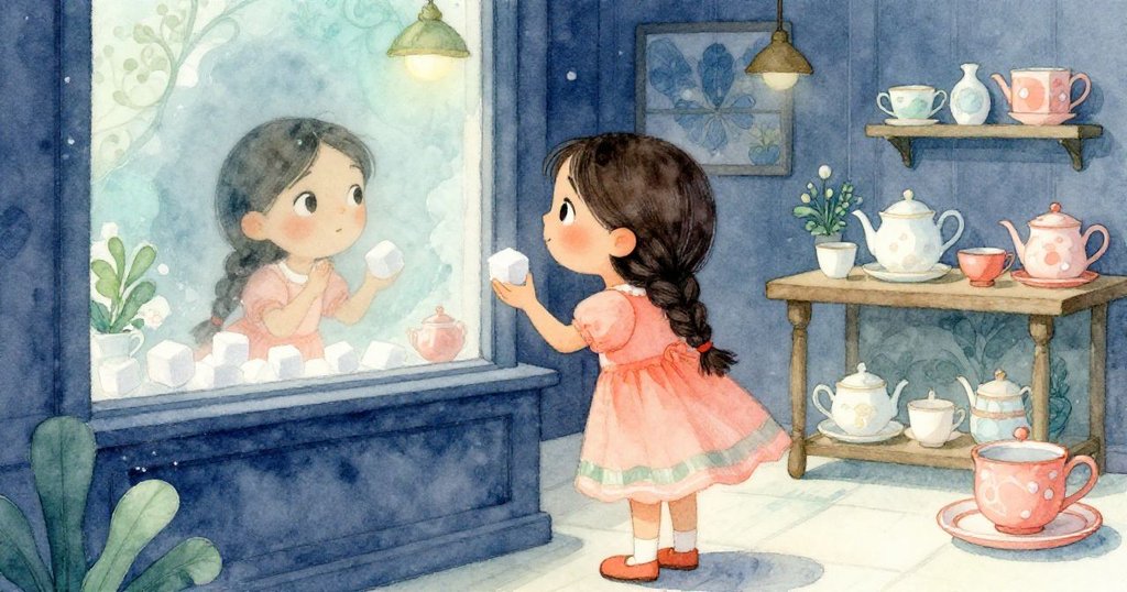 安娜在溫馨茶館內細看糖塊，她的倒影映於微霧窗上，溫柔室內光線與外界景色交織，充滿好奇。