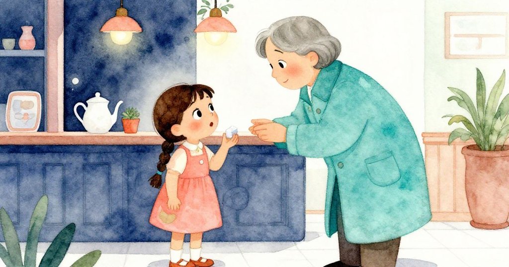 陌生人進入茶館，禮貌詢問糖塊，安娜顯露驚訝神情，室內溫馨氛圍與窗外雨景相映襯，情感細膩。