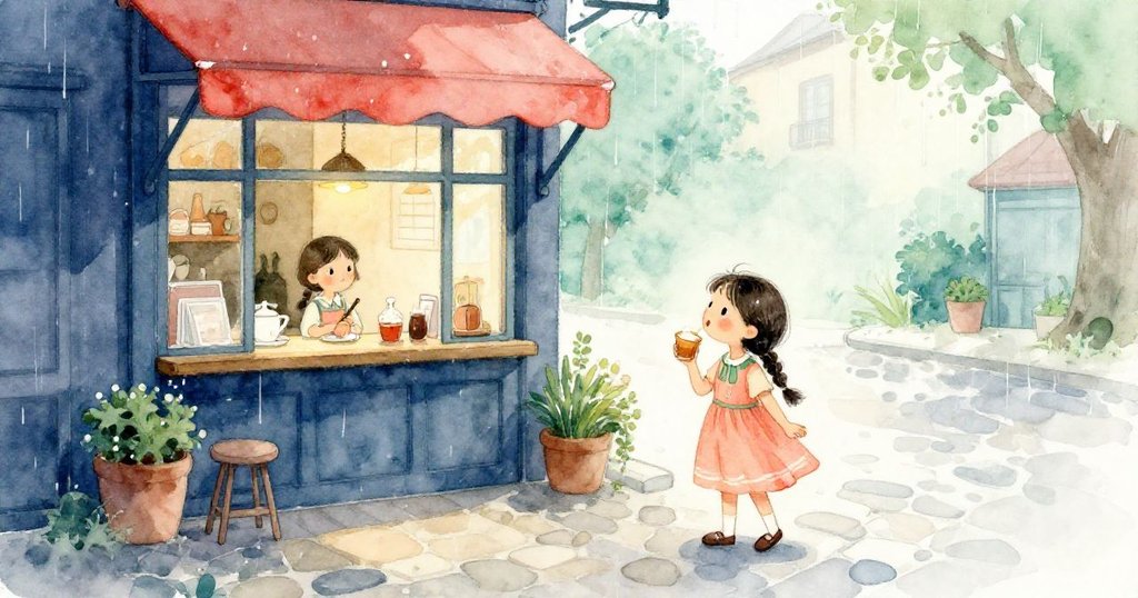 安娜在雨後寧靜街道外享用美食與溫暖茶飲，微笑中透露平和喜悅，淡雨與晨光交織出清新愜意。