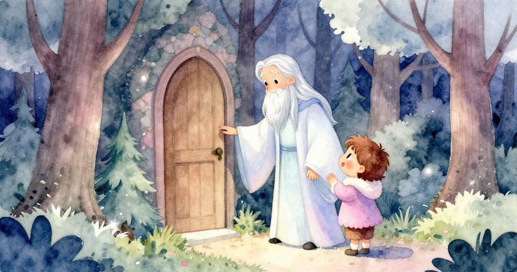 魔法師與孩子在樹林中發現一扇神秘小門,微風吹動門扉,令他們充滿好奇與期待。