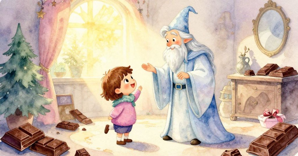 魔法師與孩子推開小門進入溫暖房間,內有閃光巧克力陳列,臉上洋溢驚喜與幸福笑容。