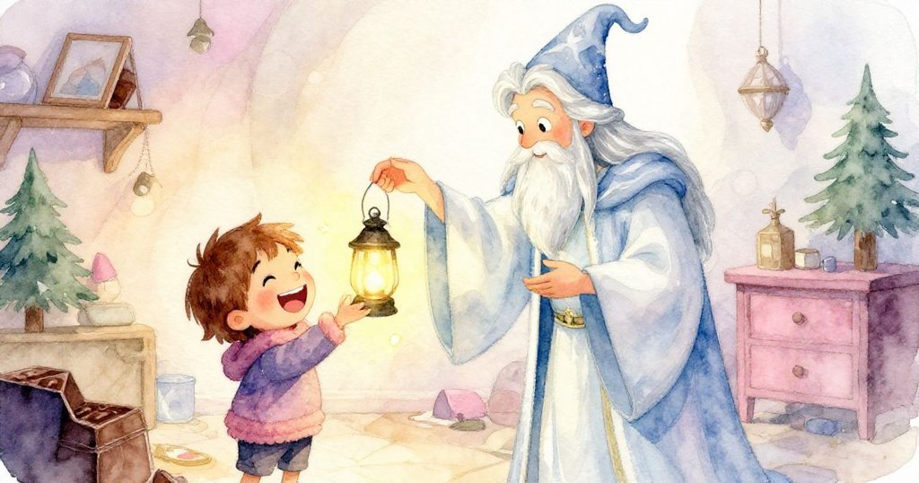 在明亮房間中,魔法師展示魔力魔術,讓孩子開心大笑並握著熱燈籠,現場充滿驚奇氛圍。