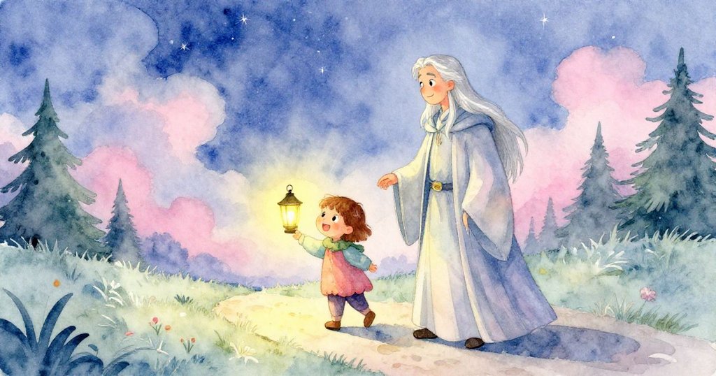 魔法師與孩子攜帶燈籠走向開闊道路,夜空閃爍星光,他們滿懷魔法與冒險期待,邁向光明未來。