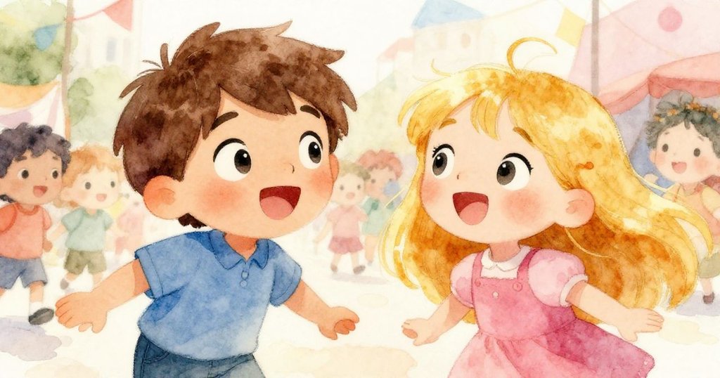 湯姆與莉莎眼中閃耀著驚奇與愉悅,背景隱約見熱鬧遊行與糖果小屋,充滿探險期待