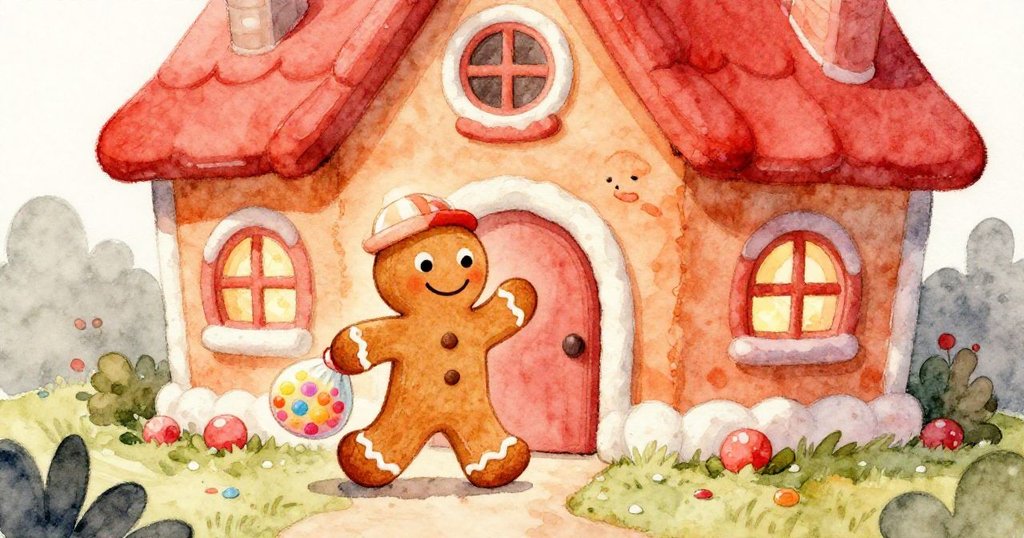 透過小動物視角看見姜餅人從糖果屋走出,高舉糖果包,臉上帶著溫馨笑容,充滿魔法般呼喚