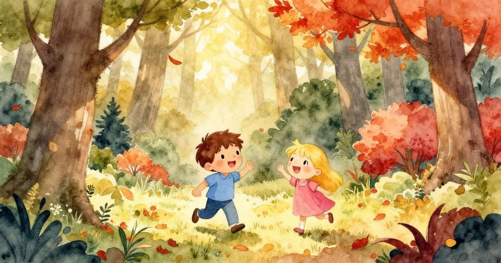 湯姆、莉莎與小孩走進充滿秋意魔法森林,高大樹木、落葉輕響,背景陽光溫暖,充滿探索與驚奇