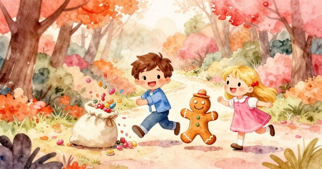 森林小徑上風起糖果散落,湯姆、莉莎與孩子們歡笑拾起零星甜點,姜餅人急速奔跑展露奇遇