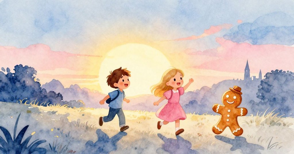 傍晚夕陽下,湯姆、莉莎與小孩在鄰里回家路上談笑風生,姜餅人同行,映照出滿滿回憶與期待