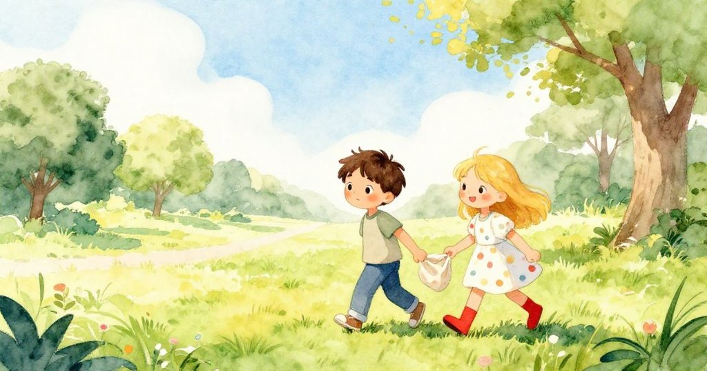 亞歷克斯帶著妹妹走進充滿綠意與陽光的公園，臉上洋溢著期待與好奇。